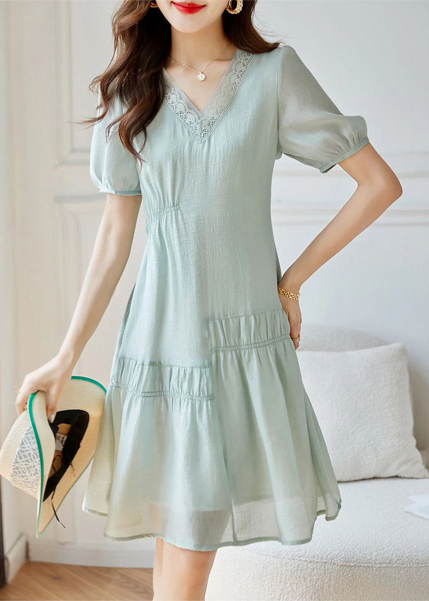 Women Light Green Wrinkled Patchwork Cotton Dresses Summer - Image 3