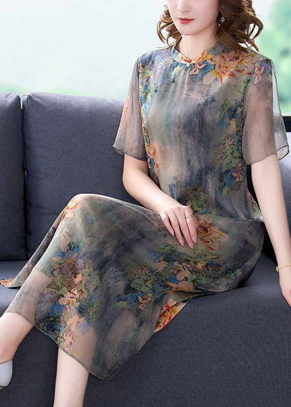 Women Light Grey Stand Collar Tie Dye Print Slim Fit Silk Dress Summer - Image 2