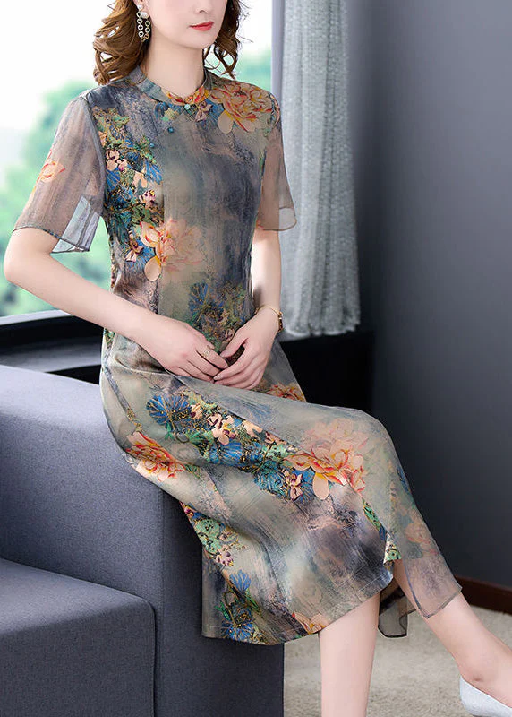 Women Light Grey Stand Collar Tie Dye Print Slim Fit Silk Dress Summer - Image 3