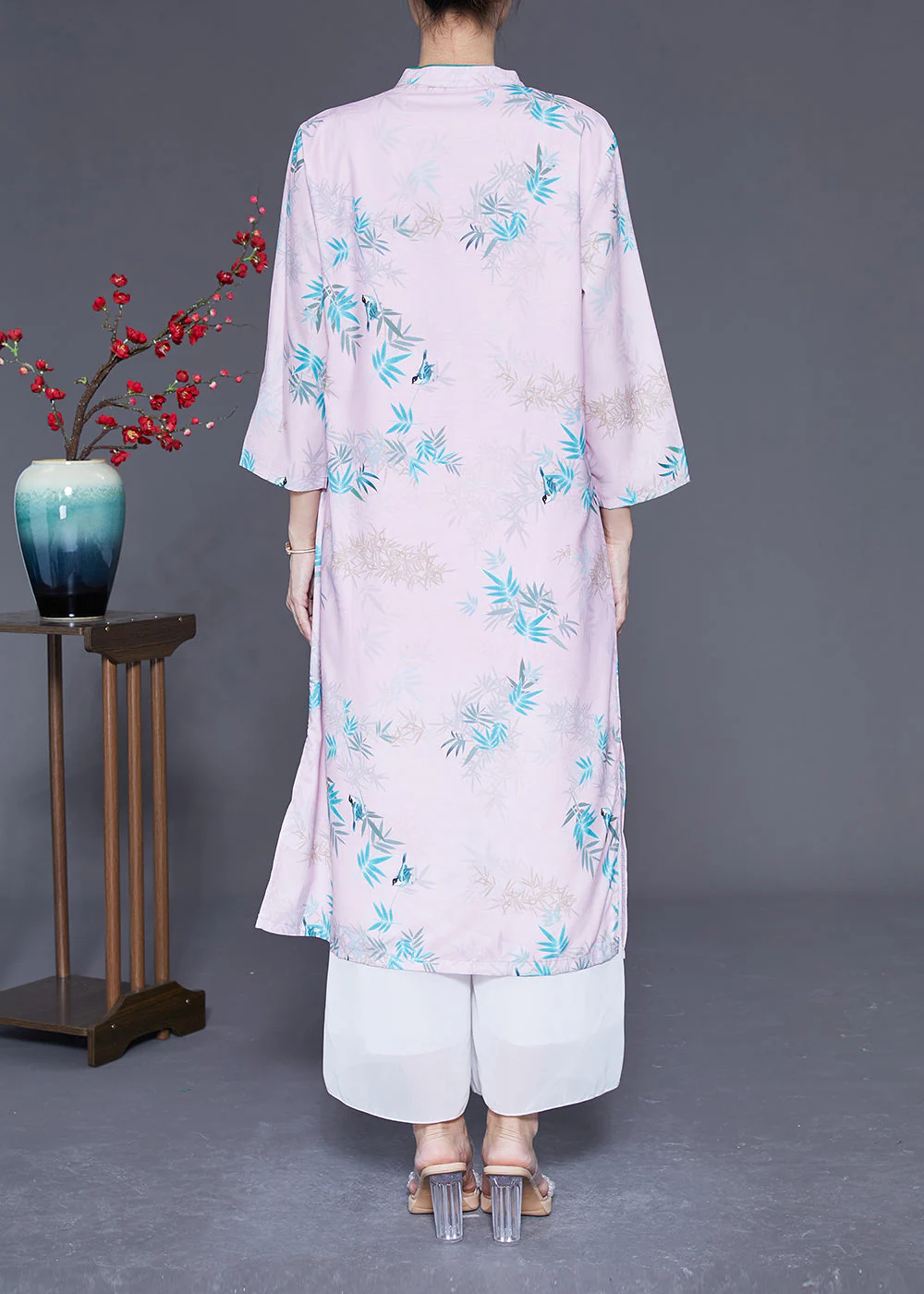 Women Light Pink Mandarin Collar Print Cotton Dresses Bracelet Sleeve - Image 4