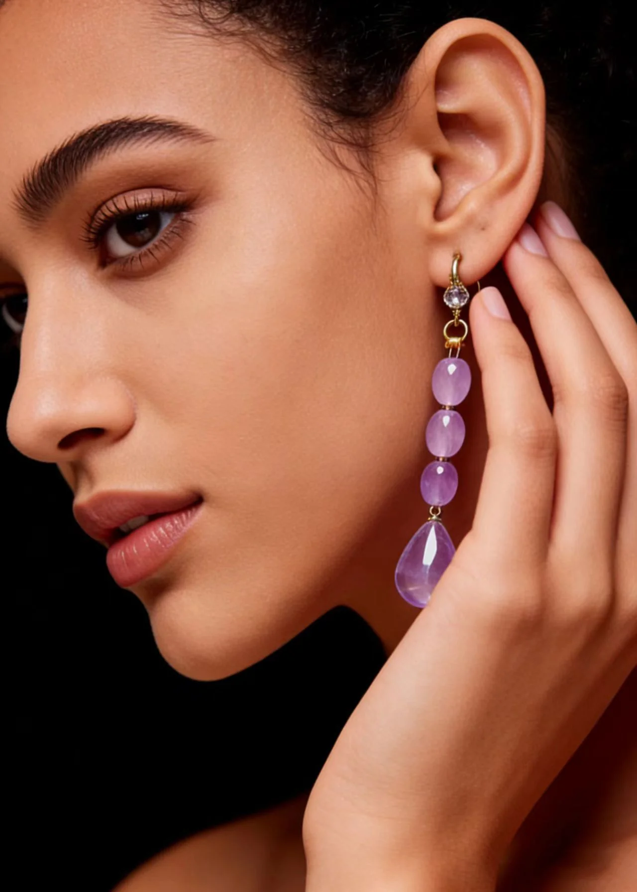Women Light Purple Droplet Shape Crystal Drop Earrings - Image 2