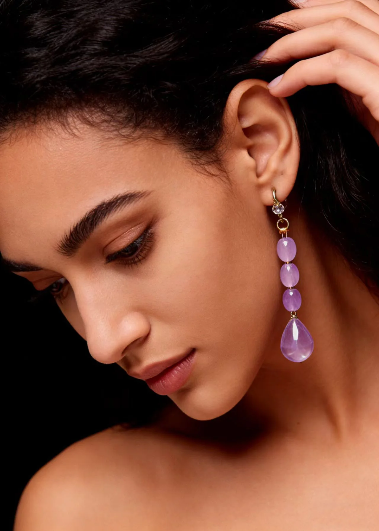 Women Light Purple Droplet Shape Crystal Drop Earrings - Image 3