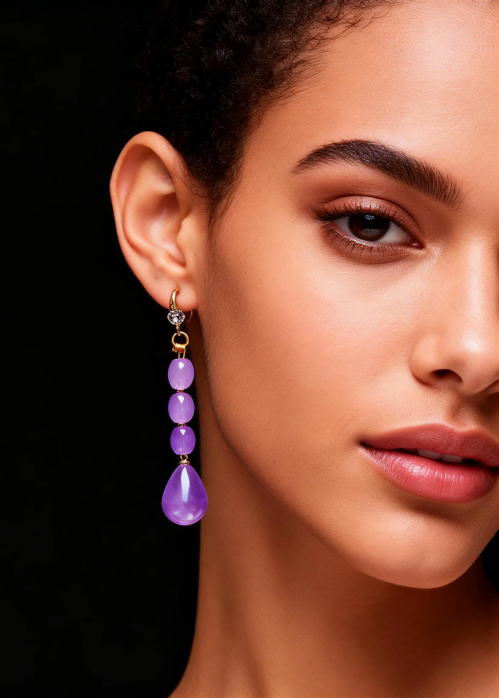 Women Light Purple Droplet Shape Crystal Drop Earrings - Image 4