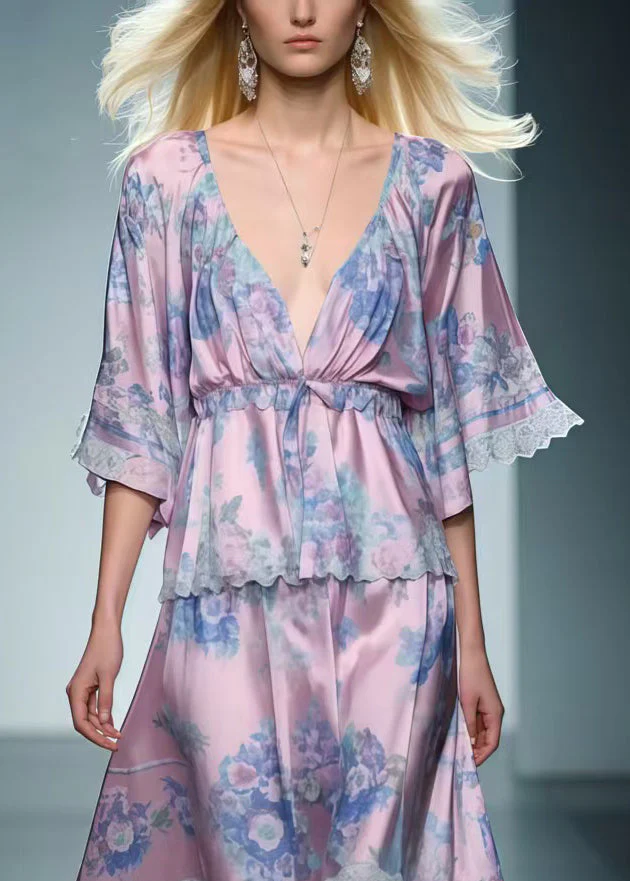Women Light Purple V Neck Print Silk Long Dress Summer - Image 2