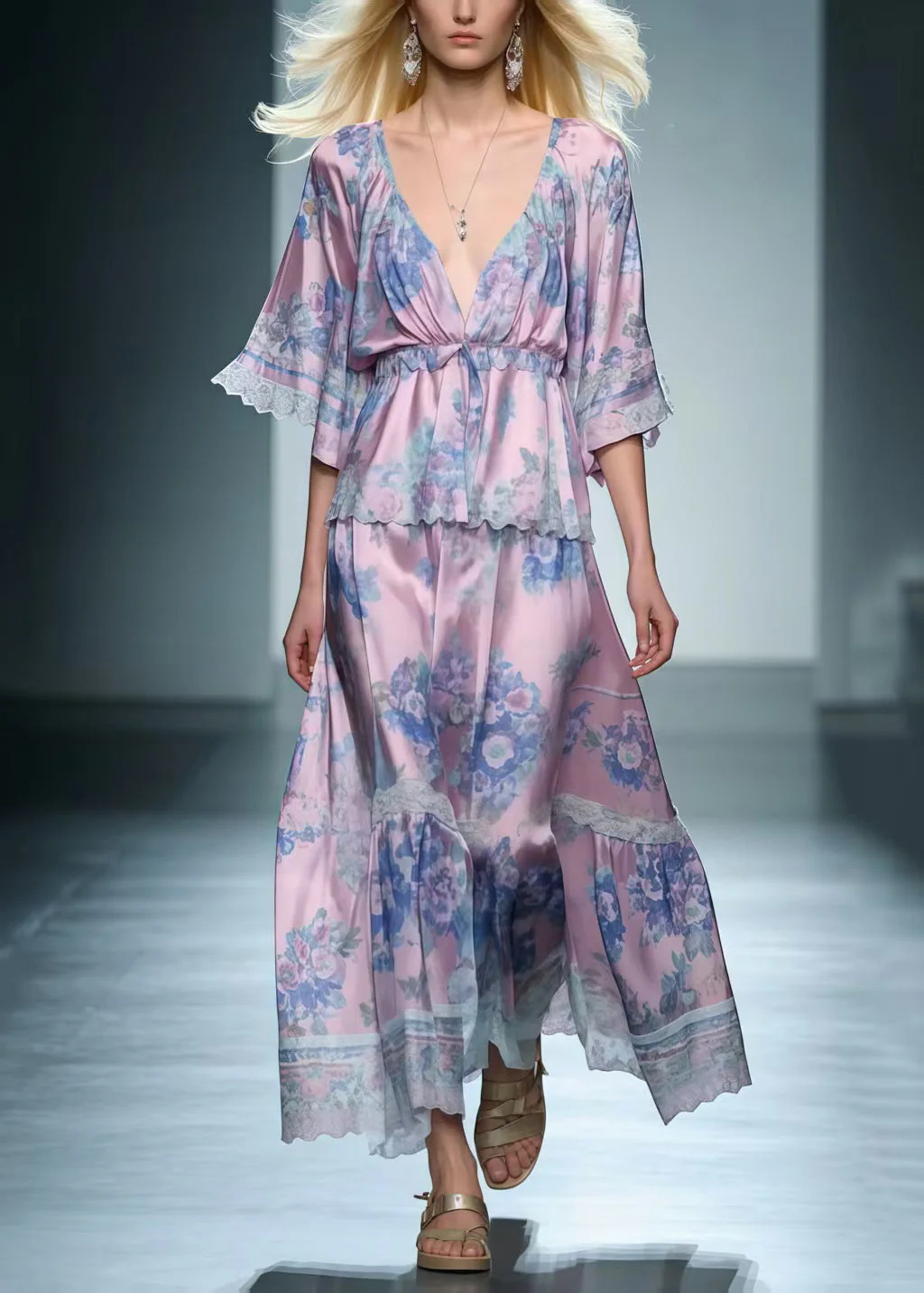 Women Light Purple V Neck Print Silk Long Dress Summer - Image 3