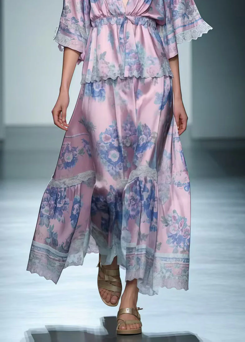 Women Light Purple V Neck Print Silk Long Dress Summer - Image 4