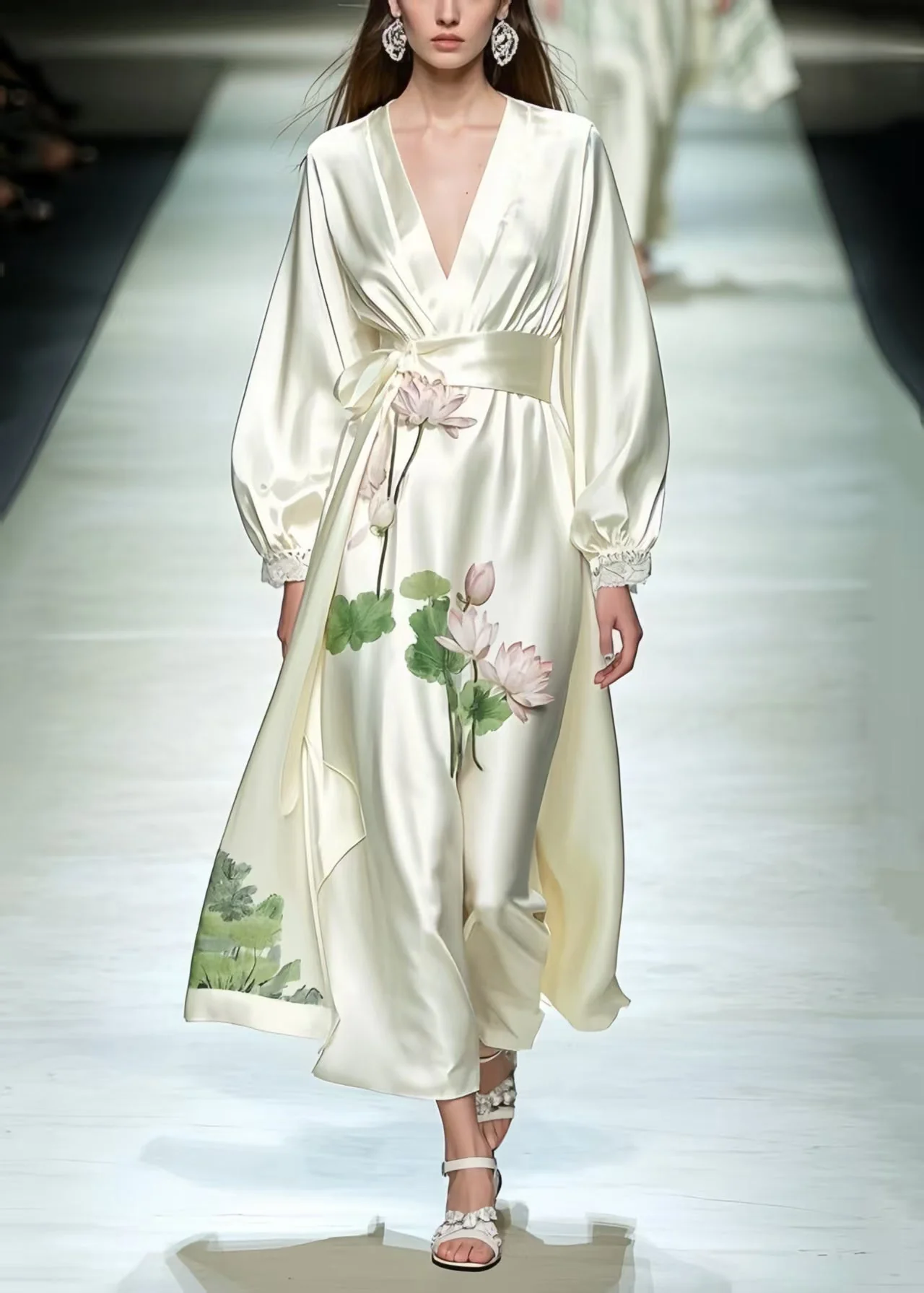 Women Milk White Tunic Lotus Flower Print Silk Dresses Spring - Image 3