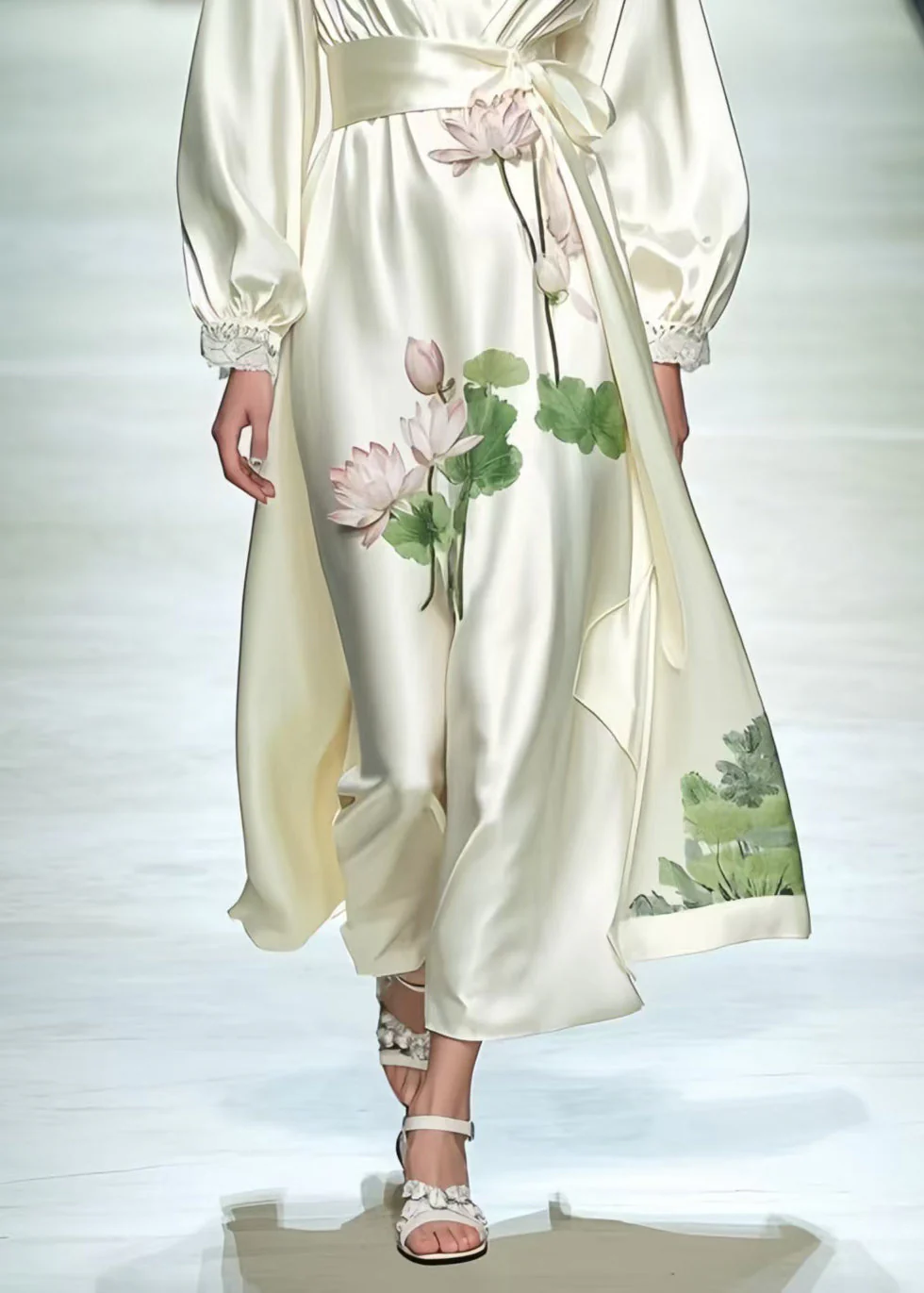 Women Milk White Tunic Lotus Flower Print Silk Dresses Spring - Image 4