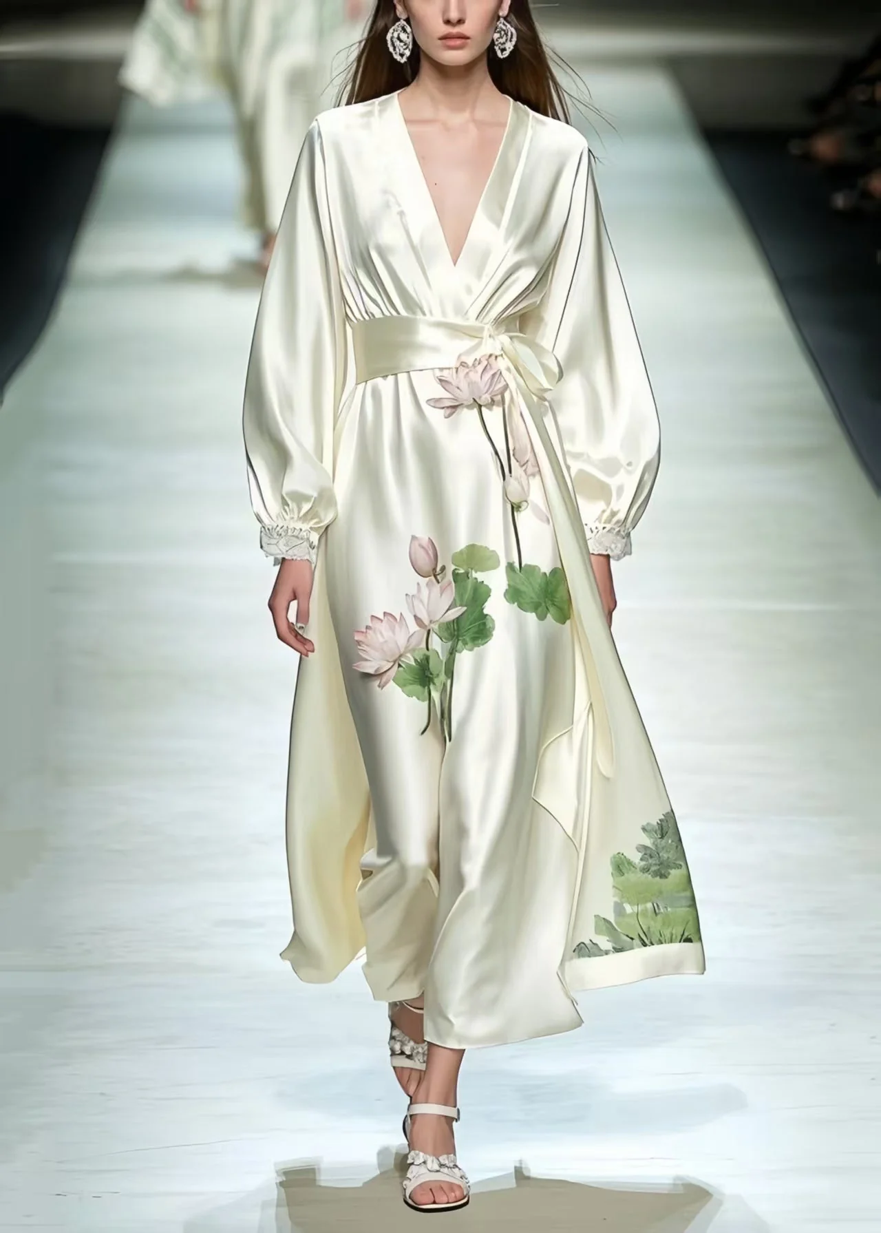 Women Milk White Tunic Lotus Flower Print Silk Dresses Spring - Image 5