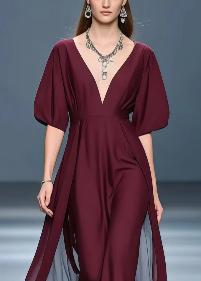 Women Mulberry Deep-V Neck Exra Large Hem Chiffon Vacation Dresses Summer - Image 2
