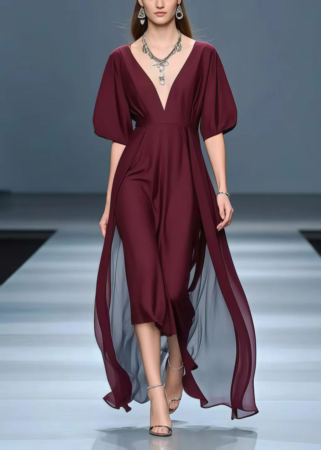 Women Mulberry Deep-V Neck Exra Large Hem Chiffon Vacation Dresses Summer - Image 3
