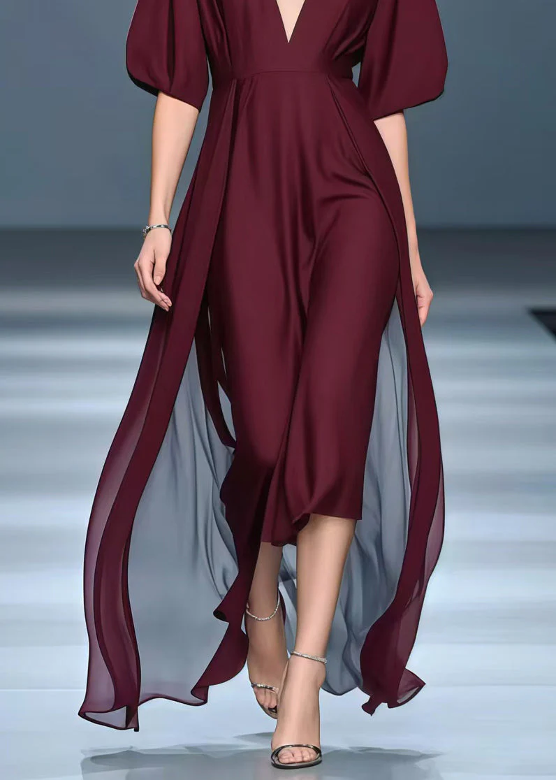 Women Mulberry Deep-V Neck Exra Large Hem Chiffon Vacation Dresses Summer - Image 4