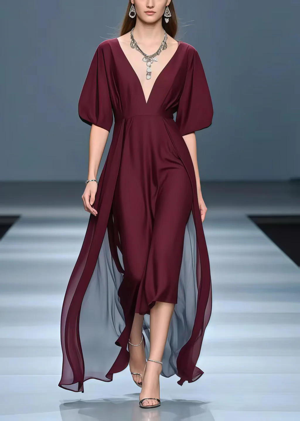 Women Mulberry Deep-V Neck Exra Large Hem Chiffon Vacation Dresses Summer - Image 5