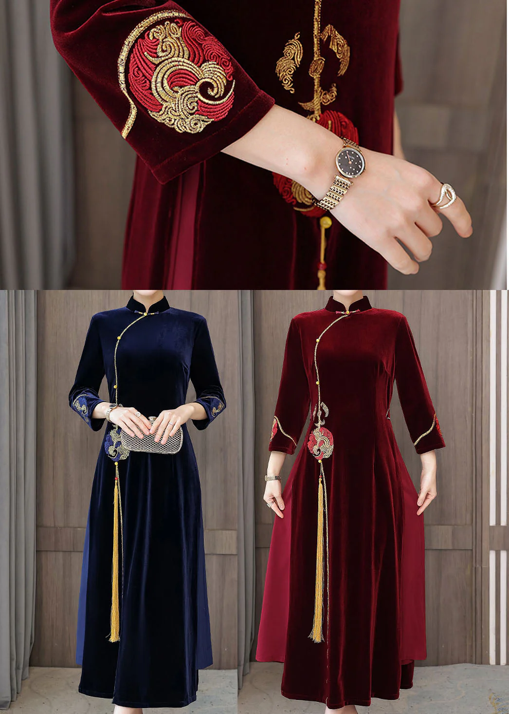 Women Mulberry Embroideried Side Open Velour Dresses Vestidos Bracelet Sleeve - Image 4