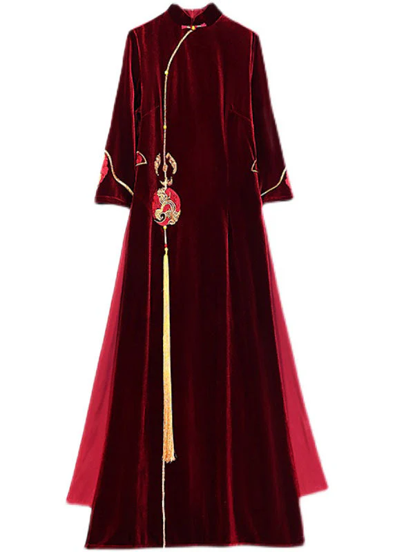 Women Mulberry Embroideried Side Open Velour Dresses Vestidos Bracelet Sleeve - Image 5