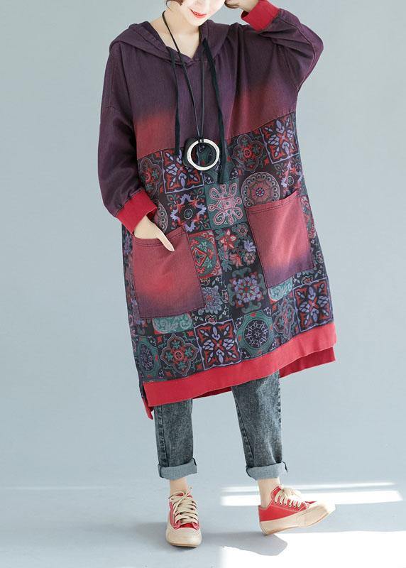 Women Mulberry Hooded Pockets Patchwork Print Fall Sweatshirts Dress