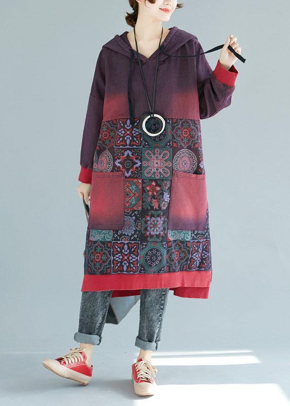 Women Mulberry Hooded Pockets Patchwork Print Fall Sweatshirts Dress - Image 3