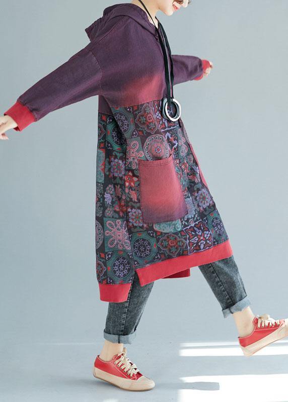 Women Mulberry Hooded Pockets Patchwork Print Fall Sweatshirts Dress - Image 4