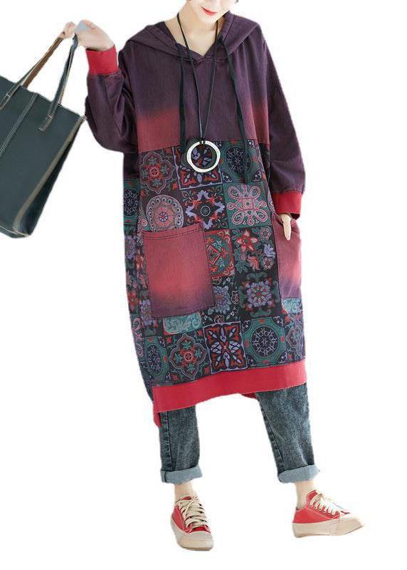 Women Mulberry Hooded Pockets Patchwork Print Fall Sweatshirts Dress - Image 5