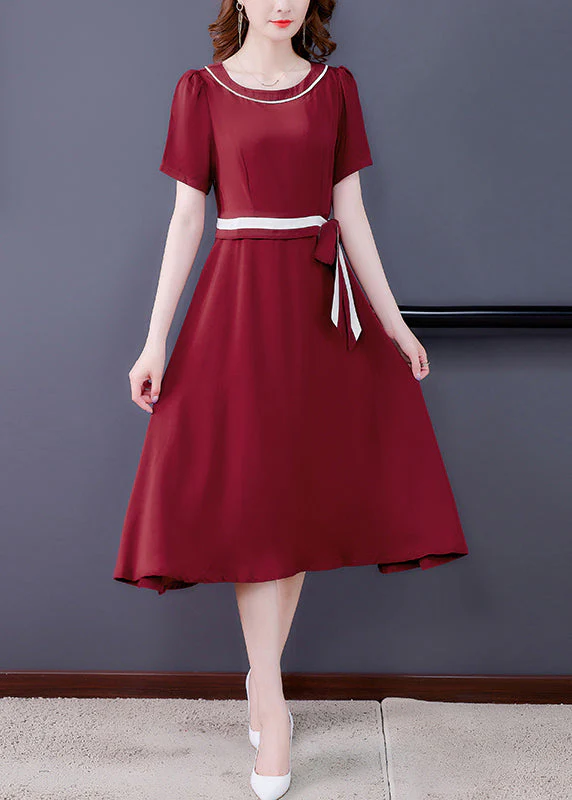 Women Mulberry O-Neck Tie Waist Exra Large Hem Silk Long Dress Short Sleeve - Image 2
