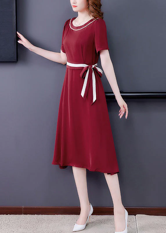 Women Mulberry O-Neck Tie Waist Exra Large Hem Silk Long Dress Short Sleeve - Image 3