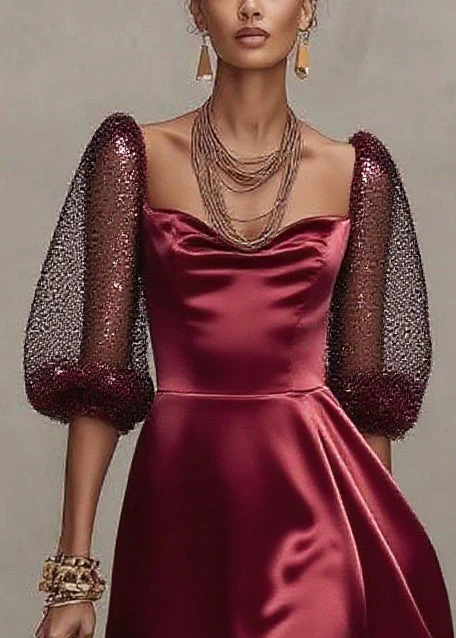 Women Mulberry Patchwork Exra Large Hem Tulle Dinner Dress Lantern Sleeve - Image 2