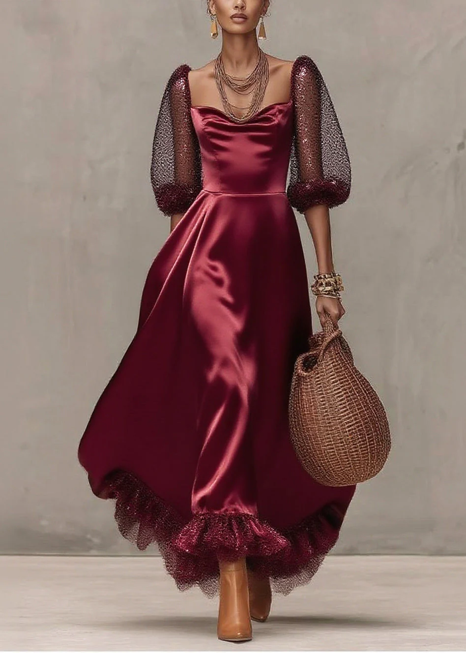 Women Mulberry Patchwork Exra Large Hem Tulle Dinner Dress Lantern Sleeve - Image 3