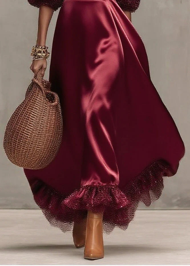 Women Mulberry Patchwork Exra Large Hem Tulle Dinner Dress Lantern Sleeve - Image 4