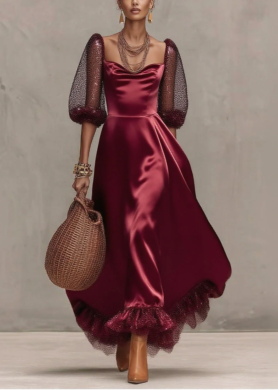 Women Mulberry Patchwork Exra Large Hem Tulle Dinner Dress Lantern Sleeve - Image 5
