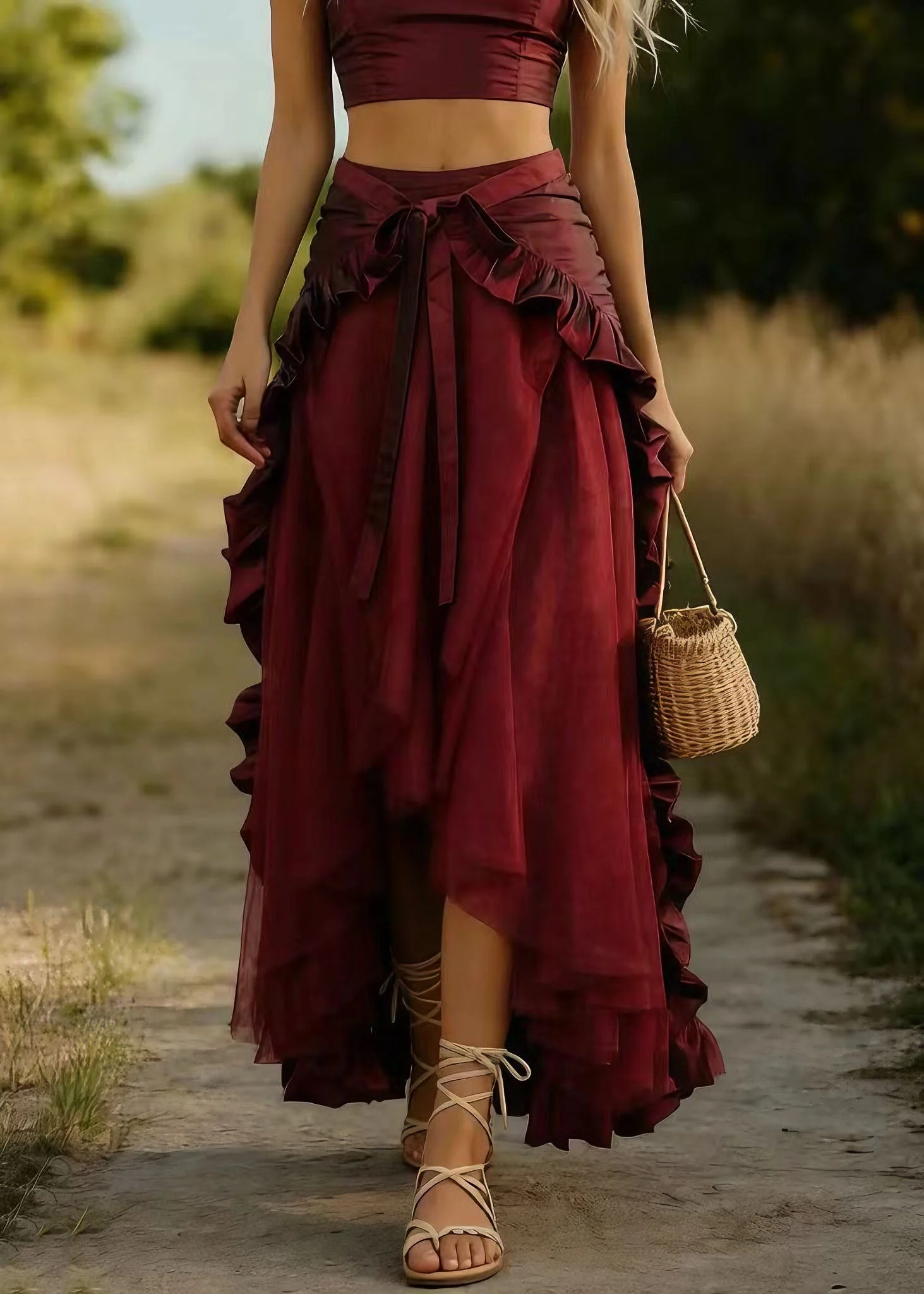 Women Mulberry Ruffled Patchwork Tulle Skirts Spring - Image 3