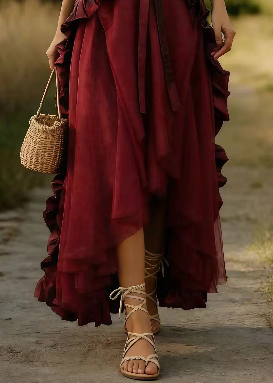 Women Mulberry Ruffled Patchwork Tulle Skirts Spring - Image 4