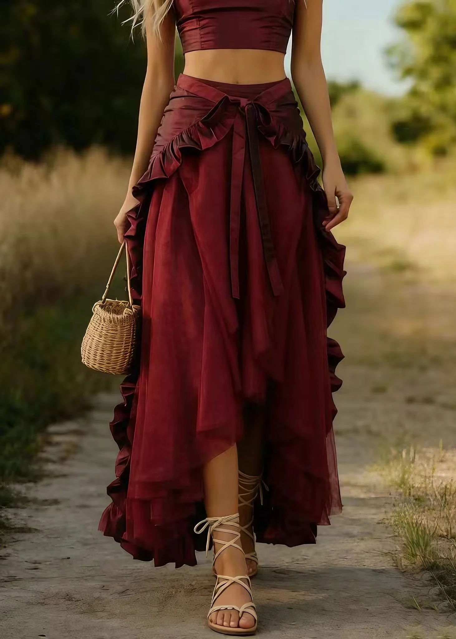 Women Mulberry Ruffled Patchwork Tulle Skirts Spring - Image 5