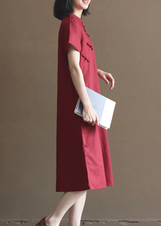 Women Mulberry Solid Mandarin Collar Oriental Button Side Open Cotton Linen Dresses Short Sleeve - Image 2