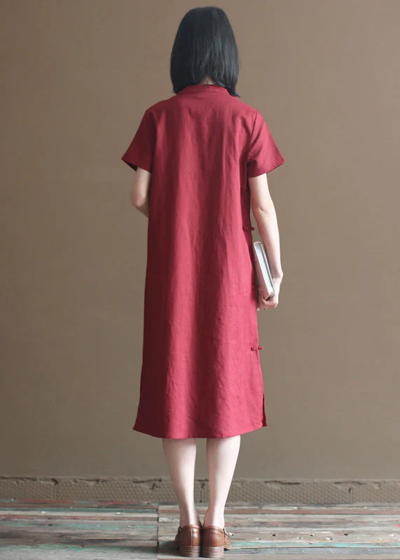 Women Mulberry Solid Mandarin Collar Oriental Button Side Open Cotton Linen Dresses Short Sleeve - Image 3