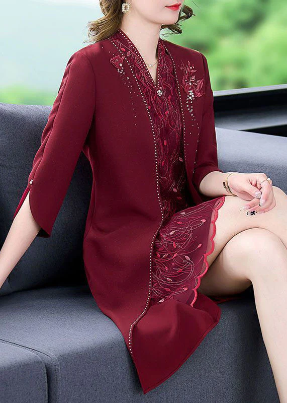 Women Mulberry V Neck Embroideried Silk Fake Two Piece Dress Bracelet Sleeve - Image 2