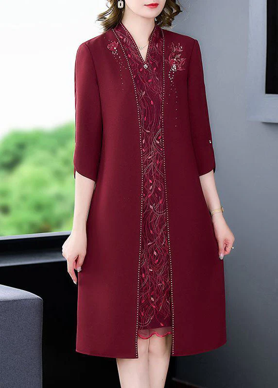 Women Mulberry V Neck Embroideried Silk Fake Two Piece Dress Bracelet Sleeve - Image 3