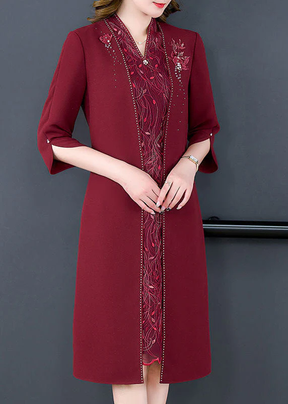 Women Mulberry V Neck Embroideried Silk Fake Two Piece Dress Bracelet Sleeve - Image 4