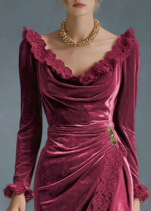 Women Mulberry V Neck Lace Patchwork Silk Velvet Party Dress Spring - Image 2