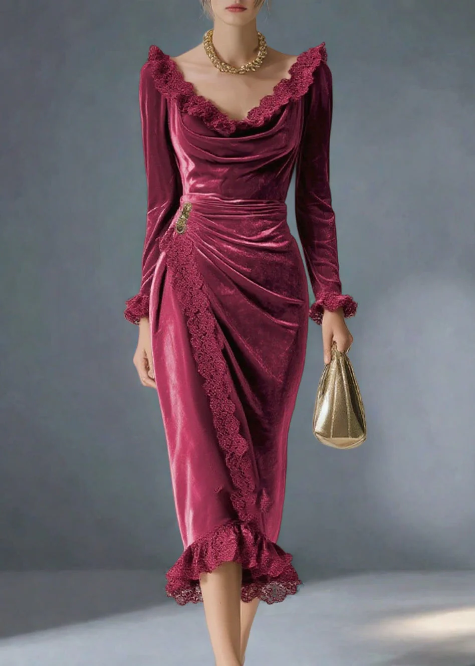Women Mulberry V Neck Lace Patchwork Silk Velvet Party Dress Spring - Image 3