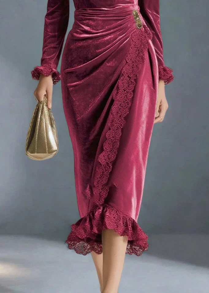 Women Mulberry V Neck Lace Patchwork Silk Velvet Party Dress Spring - Image 4