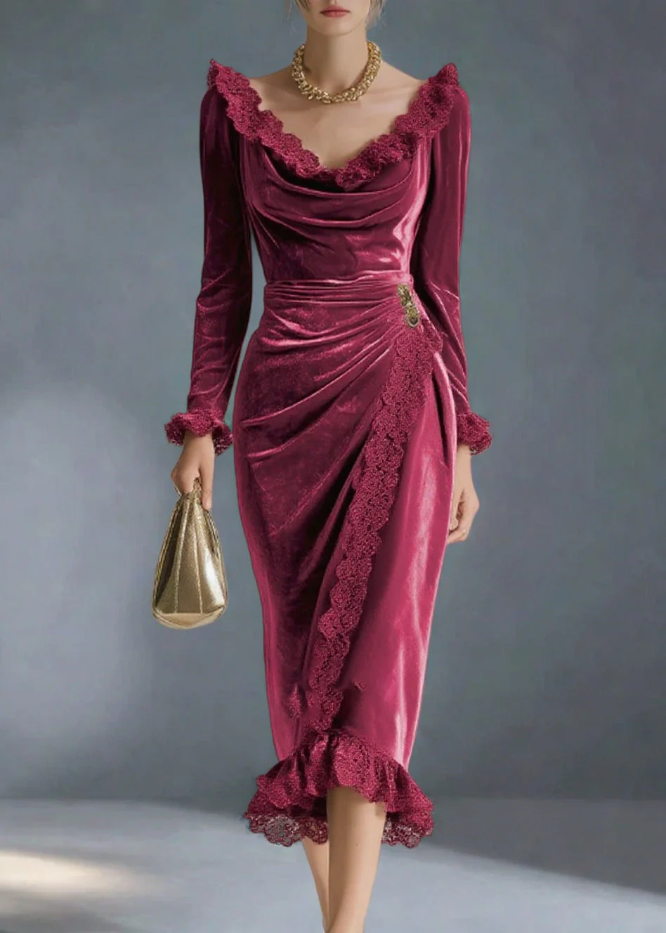 Women Mulberry V Neck Lace Patchwork Silk Velvet Party Dress Spring - Image 5