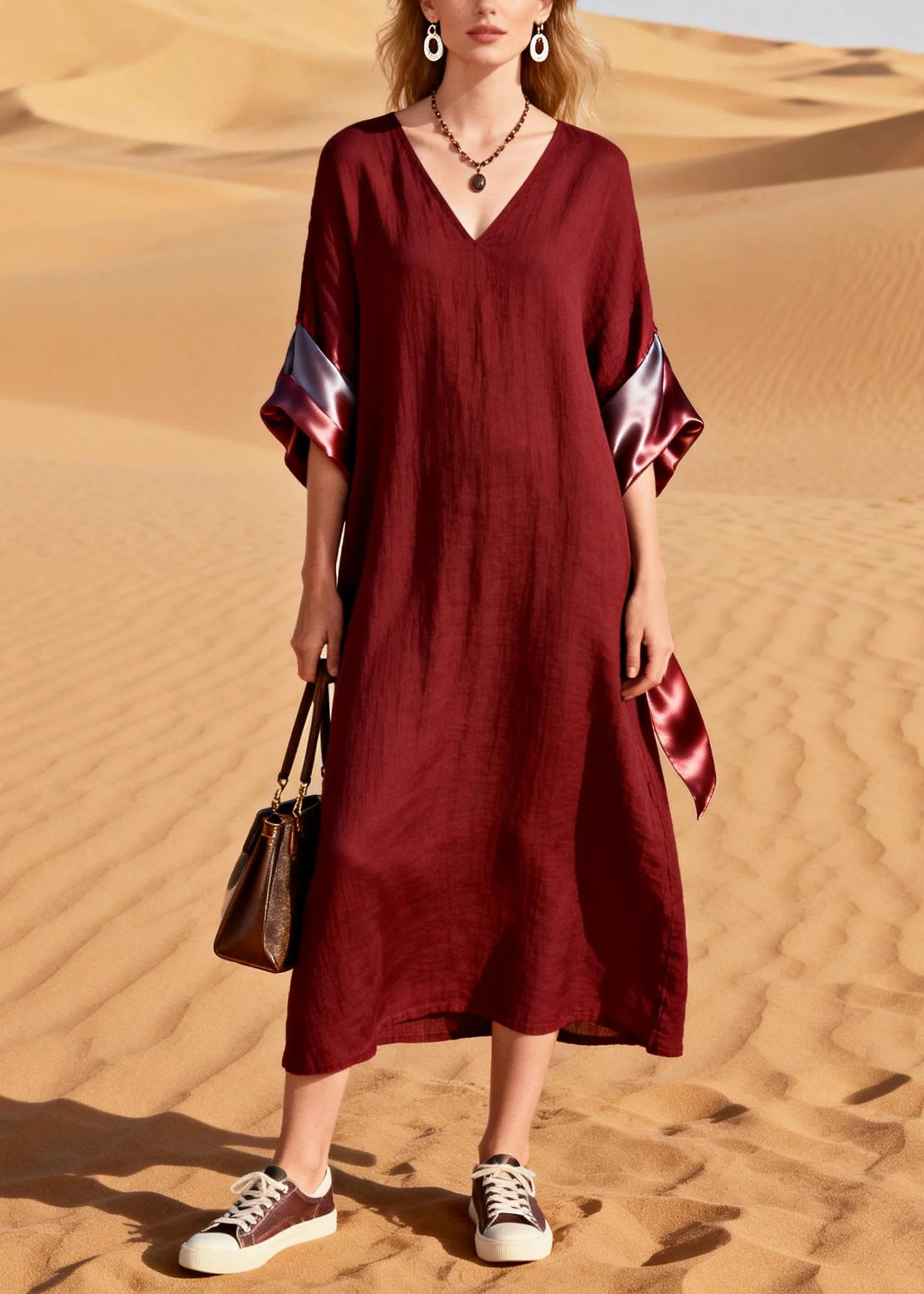 Women Mulberry V Neck Patchwork Cotton Long Dresses Summer - Image 5