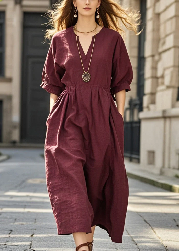 Women Mulberry V Neck Pockets Cotton Dresses Summer - Image 3