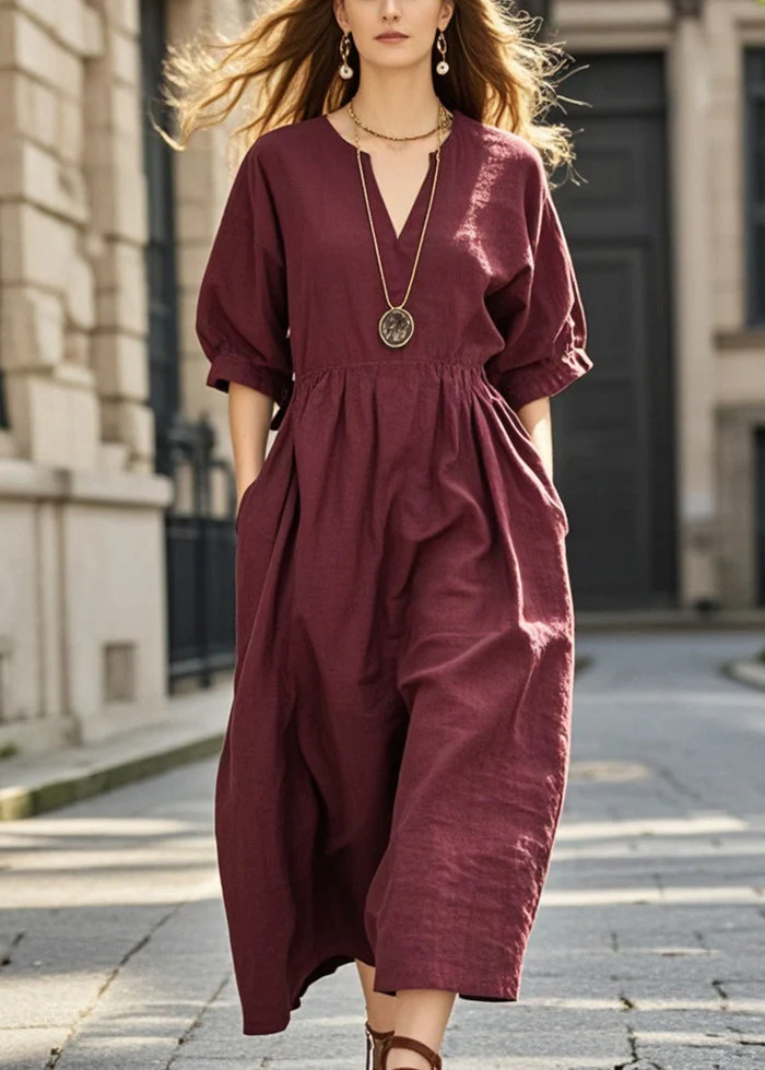 Women Mulberry V Neck Pockets Cotton Dresses Summer - Image 5