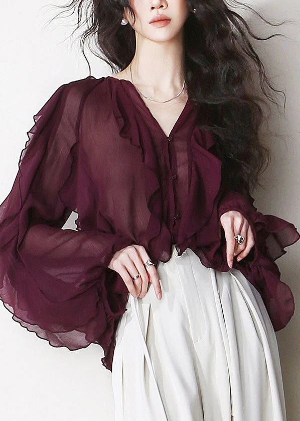 Women Mulberry V Neck Ruffled Patchwork Chiffon Blouses Summer - Image 2