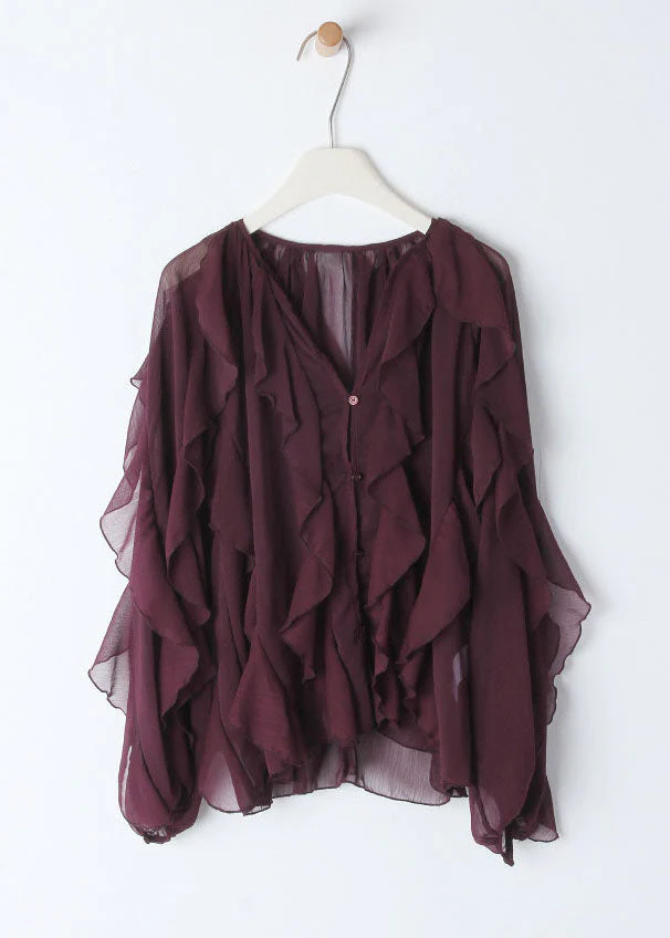 Women Mulberry V Neck Ruffled Patchwork Chiffon Blouses Summer - Image 5