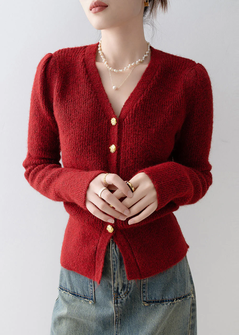 Women Mulberry V Neck Silm Fit Knit Cardigans Winter - Image 4