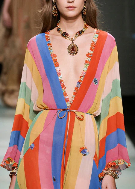 Women Multicolored Striped Asymmetrical Ruffled Chiffon Holiday Dress Summer - Image 2