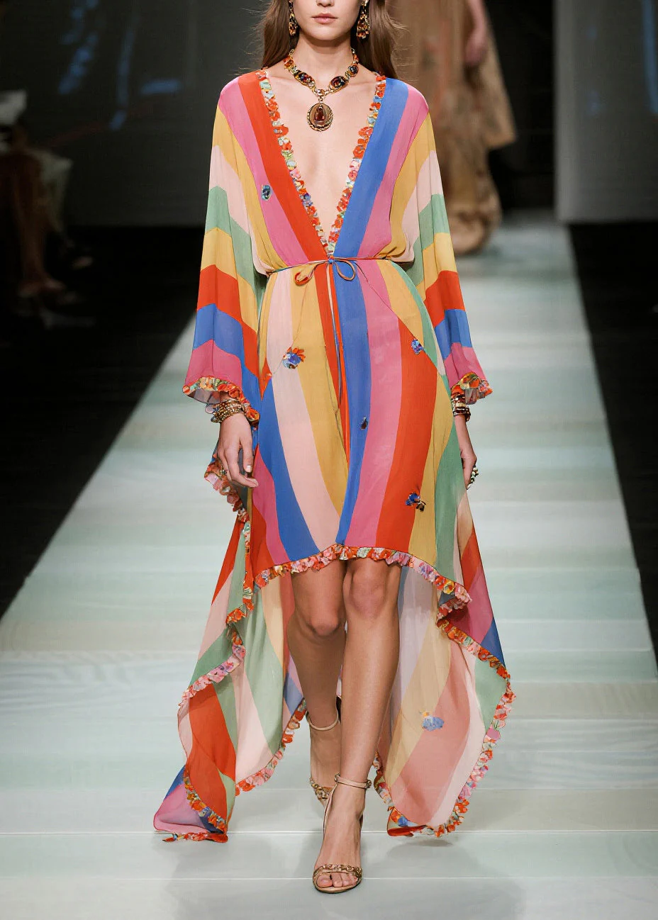 Women Multicolored Striped Asymmetrical Ruffled Chiffon Holiday Dress Summer - Image 3