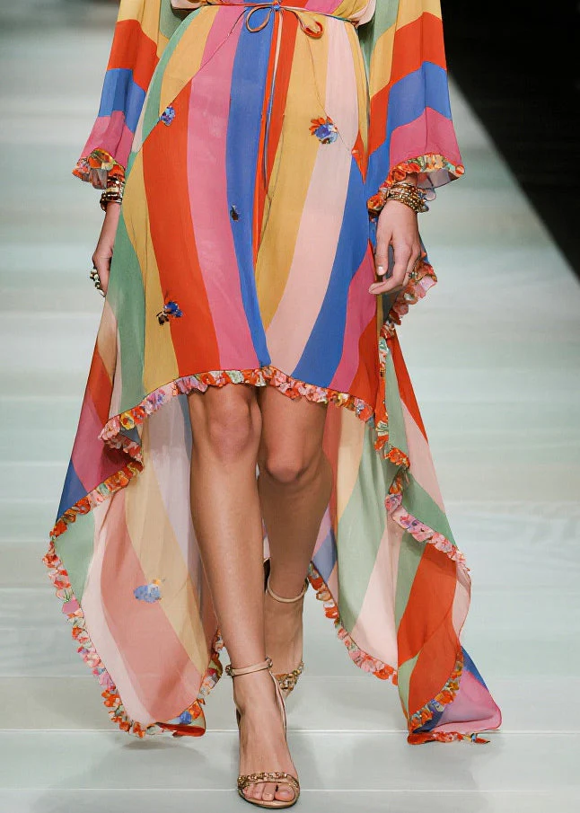 Women Multicolored Striped Asymmetrical Ruffled Chiffon Holiday Dress Summer - Image 4